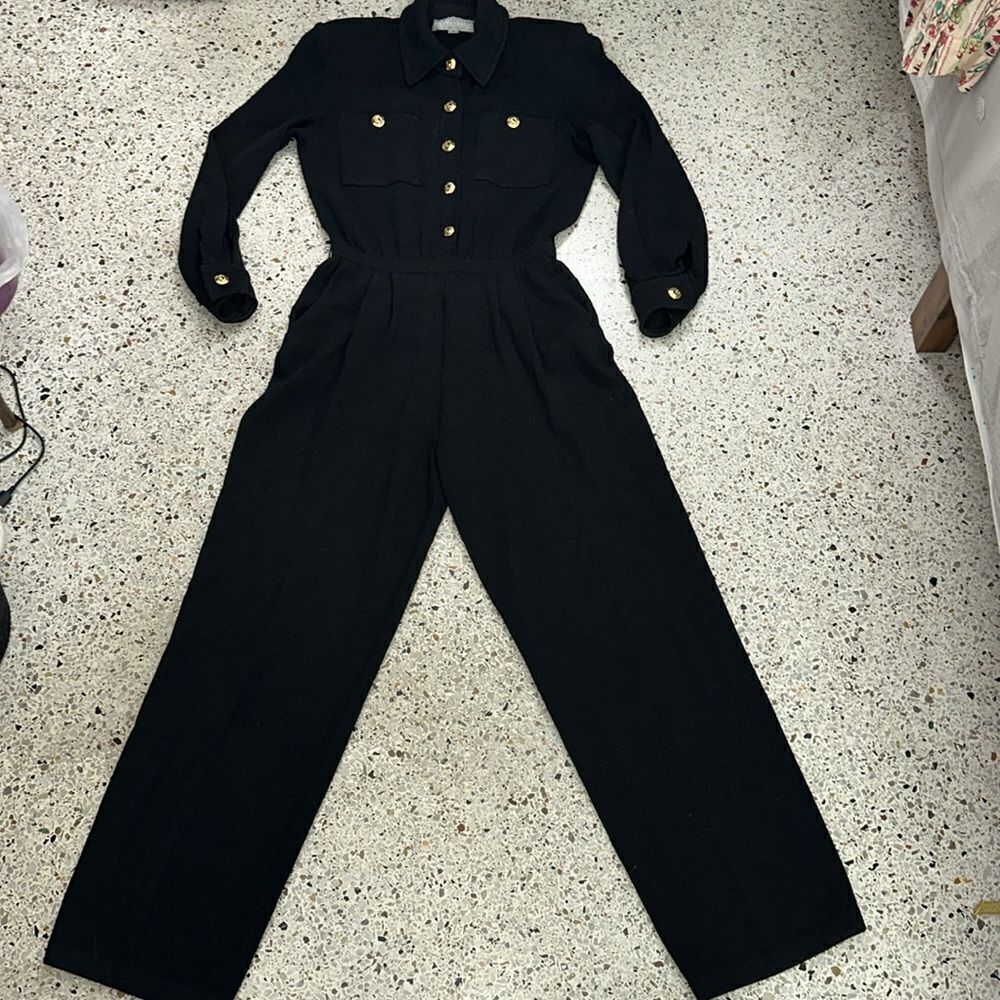 St John Collection Marie Gray black jumpsuit knit gold buttons 4